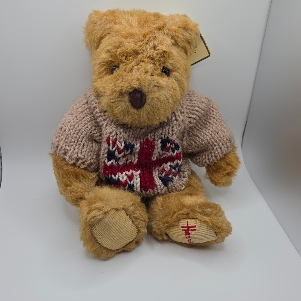 Harrods Knightsbridge Teddy Bear Union Jack Knit Sweater Plush Brown Collectible